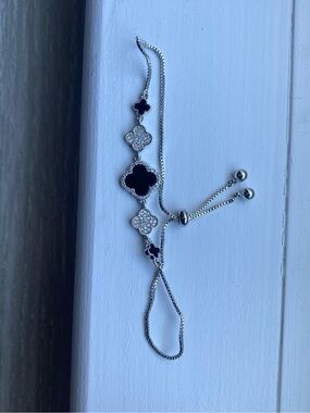 Sterling Silver Black Clover Slide Bracelet with Crystal Accents